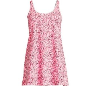 Lands' End Swim Dress One Piece Swimsuit Red With White Ditsy Floral Print Med